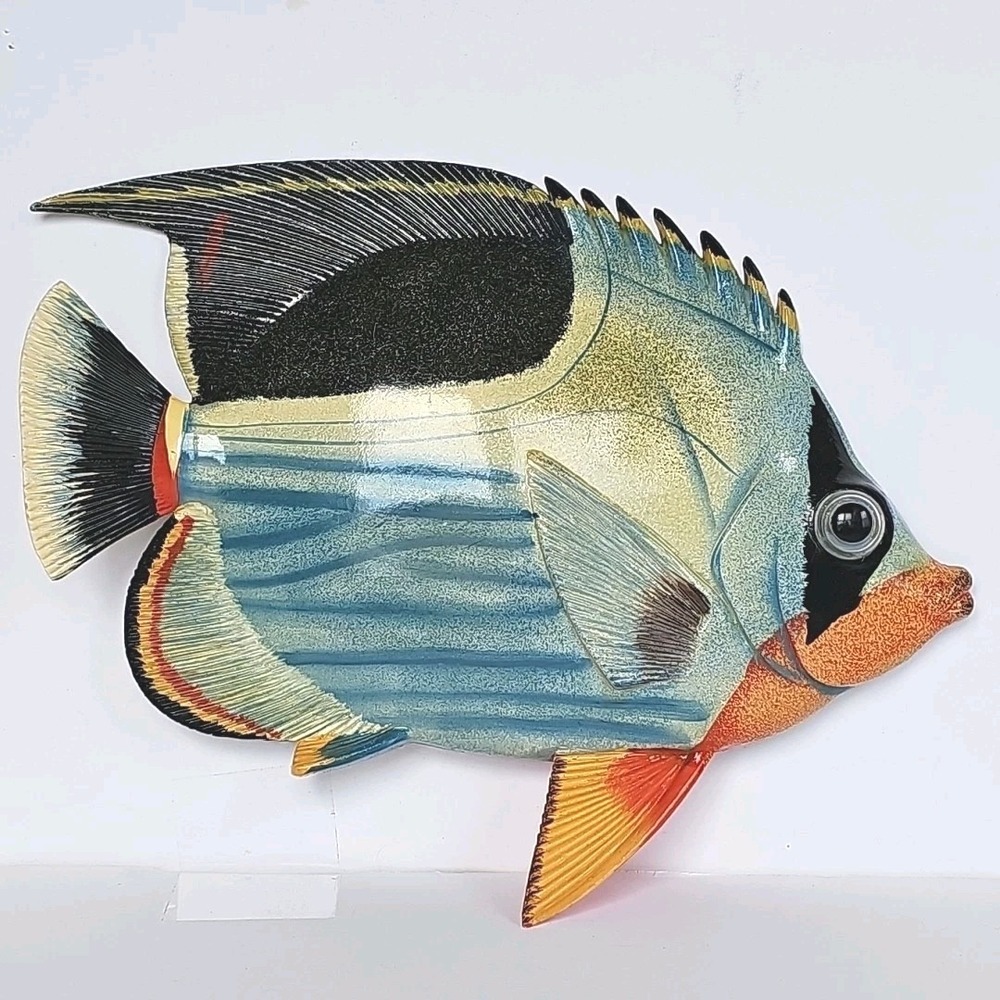 Hand Painted 12" Tropical Fish Wall Mount Decor Sculpture Blue Orange Black 1612